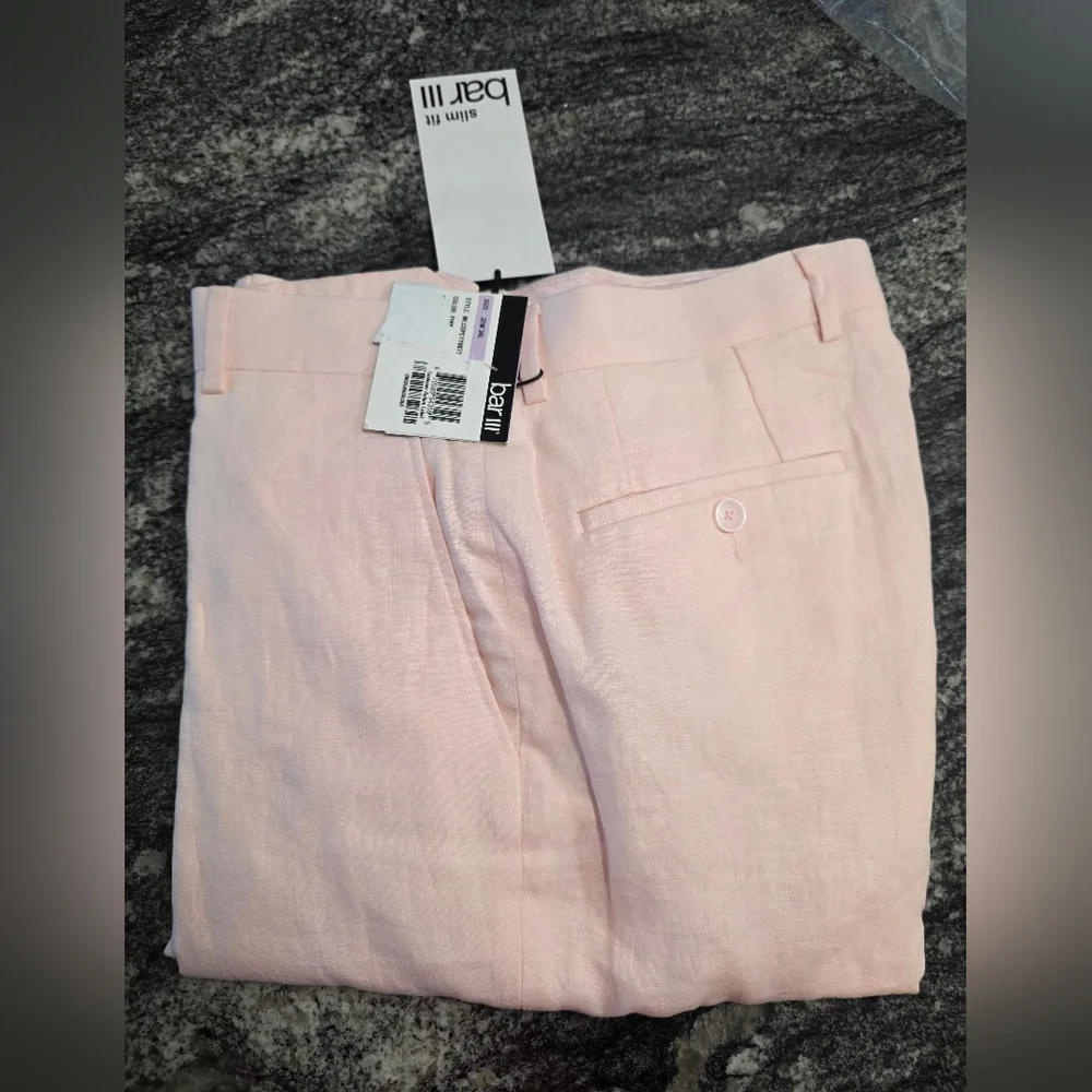 Bar III Mens 100% Linen Men's Slim-Fit Pants Pink Sz 32Wx34L NWT